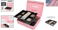 Portable Pink Metal Cash Box with Key Lock – Perfect for Organizing Cash & Keys