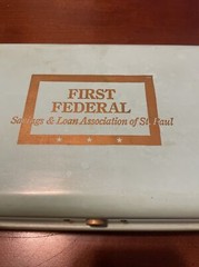 RARE Antique Metal Bank Box First Federal Savings & Loan St Paul P N Co. Fulton