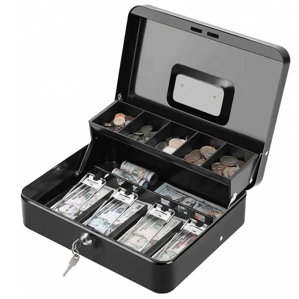 Cash Box with Money Tray and Key Lock, Saving Lock Box with Money Tray Storage f