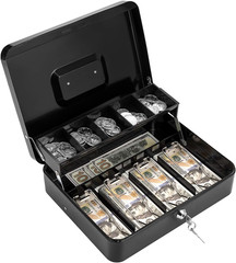 Cash Box with Lock Key and Money Tray – Large Money Box for Cash Register, Metal