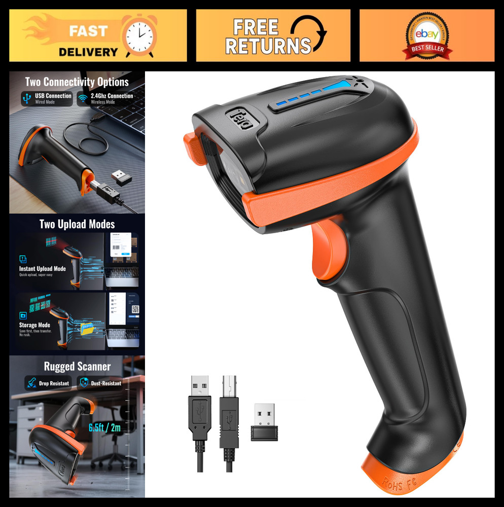 2D Wireless Barcode Scanner – USB & 2.4G, 2200mAh Battery, QR/1D Scanning, IP54