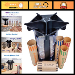 5-in-1 Coin Sorter & Counter Machine with Wrappers, Quick & Accurate Coin Organi