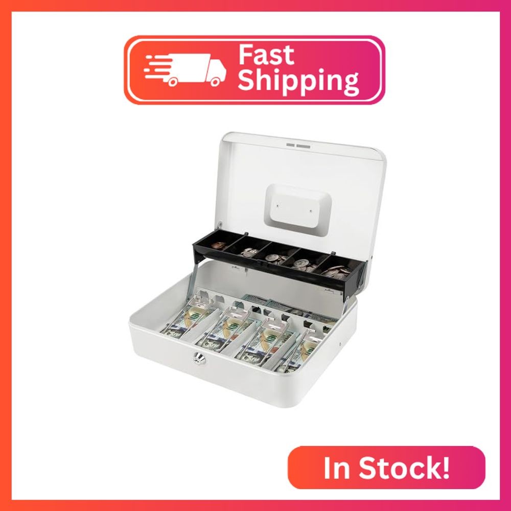 Jssmst Metal Cash Box with Money Tray and Lock, Portable Cash Drawer, 11.8&Prime;