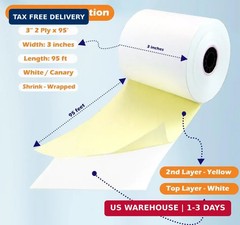 (32 Rolls) 2 Ply Carbonless Rolls 3&Prime; X 95 Feet White/Yellow Receipt Paper POS Ca
