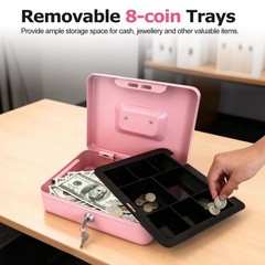 Large Pink 10 Inch Metal Cash Box Money Tray Safe Lock Key 10.03×7.79×3.19