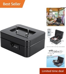 Durable Black Metal Cash Box with Removable Tray – Portable Security Solution