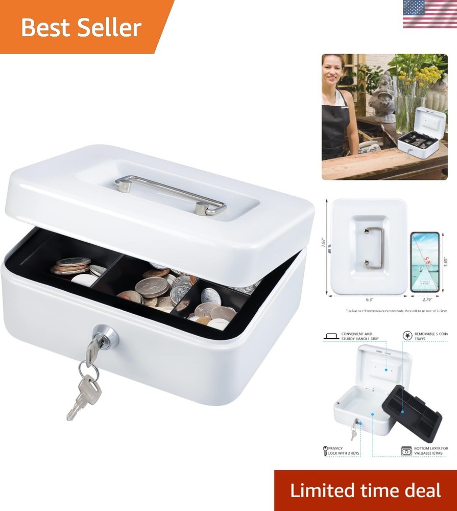 Medium Cash Box with Money Tray,Small Safe Lock Box with Key,Cash Drawer,7.87…