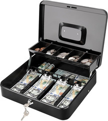 Cash Box with Key Lock – 0.7Mm Solid Steel, Auto-Pop Spill-Proof Foam Coin Tray,