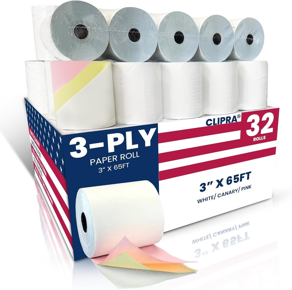 (32 Rolls) 3 Ply Kitchen Printer Paper White/Canary/Pink Carbonless Rolls 3� …
