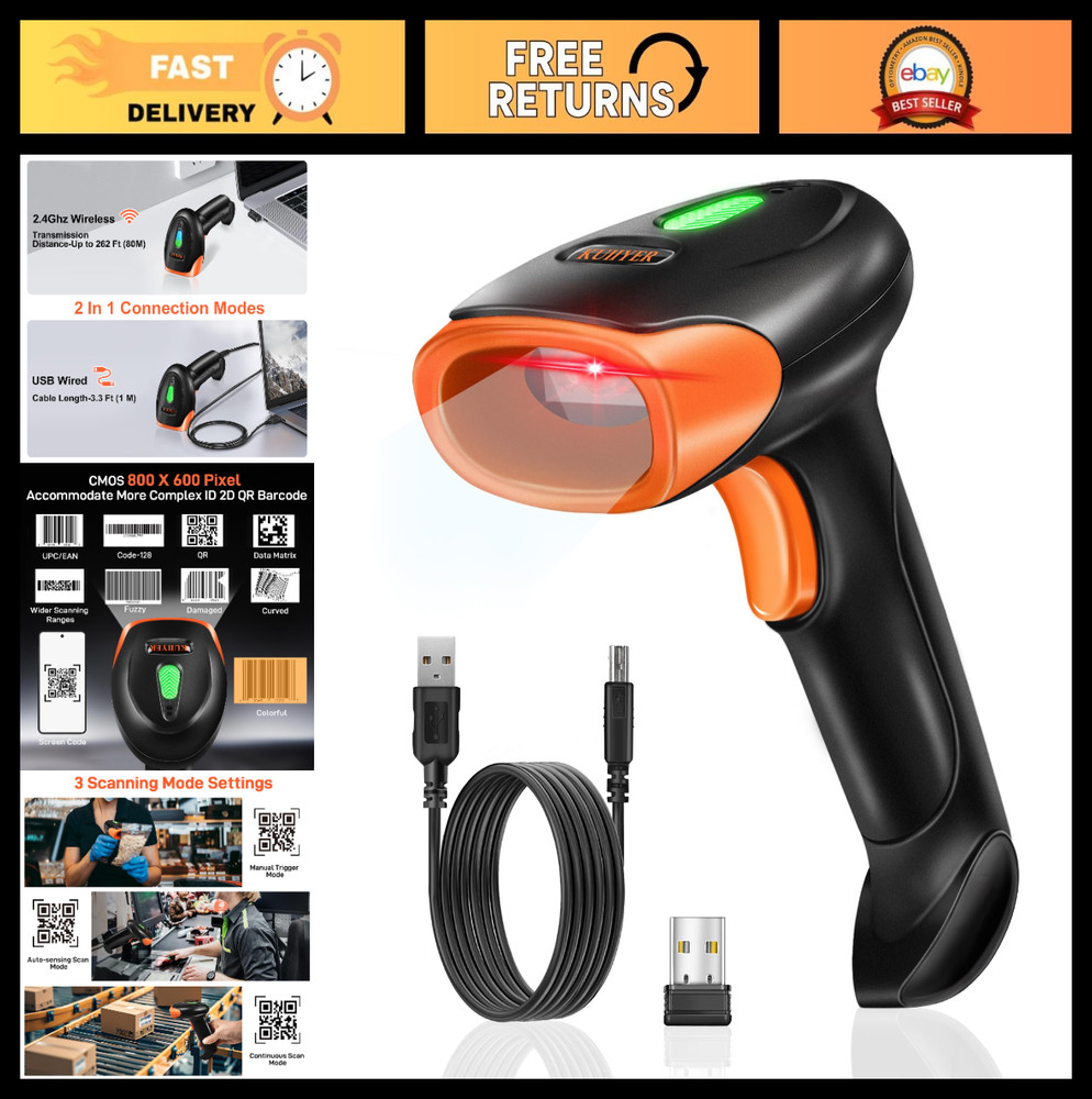 Wireless 2D QR & 1D Barcode Scanner Handheld Reader, CMOS 800×600, Plug & Play f