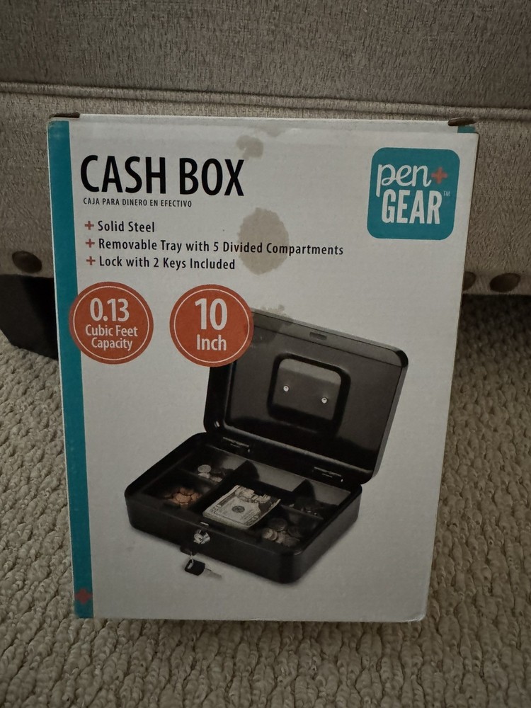 Pen + Gear 10 inch Metal Cash Box with Money Tray and Key Lock, Black, YFC-25