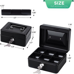 Small Cash Lock Box with Money Tray Two Keys Portable Storage Box Black Case Set