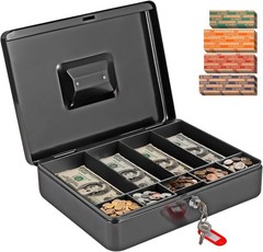 Cash Box with Money Tray and Lock, Metal Locking Cash/Money Saving Organizer Bo
