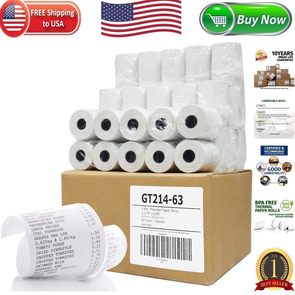 50 Pack of Lint-Free Thermal Paper 2-1/4&Prime; x 63&prime; for Ingenico & Verifone