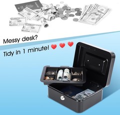Sturdy Medium Cash Box with Removable Tray & Key Lock, 7.87×6.30×3.54, Black