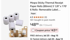 Moqra Sticky Thermal Receipt Paper Rolls (80mm) 3 1/8&Prime; x 170&prime; 6 Rolls