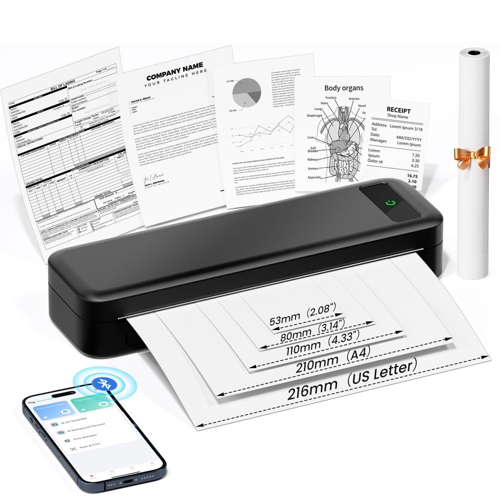 Portable Printers Wireless for Travel, A285M Small Inkless Small, Black