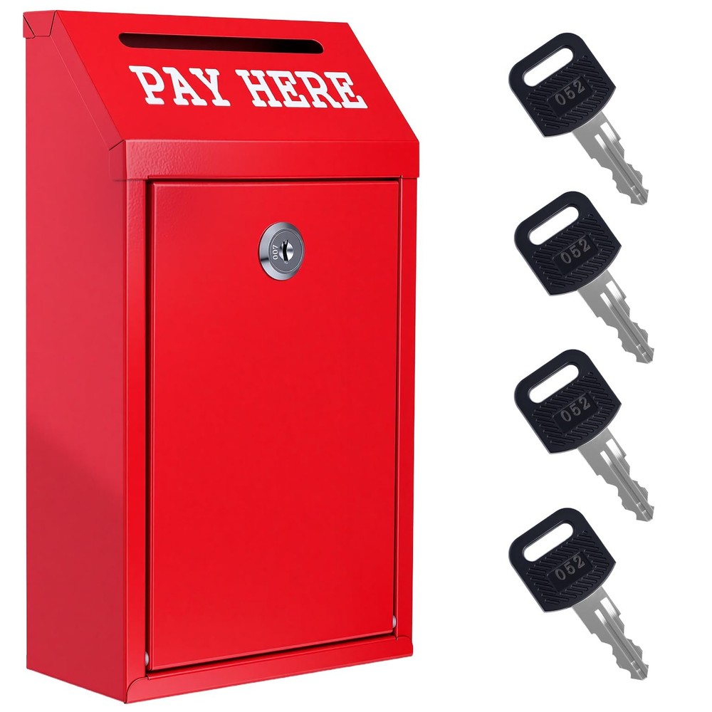Red Metal Locking Cash Drop Box With Slot 4 Keys Wall Mount 10.24×5.7×2.95 In