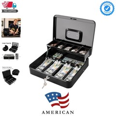 Cash Box with Key Lock – 0.7mm Solid Steel, Auto-Pop Spill-Proof Foam Coin Tr…