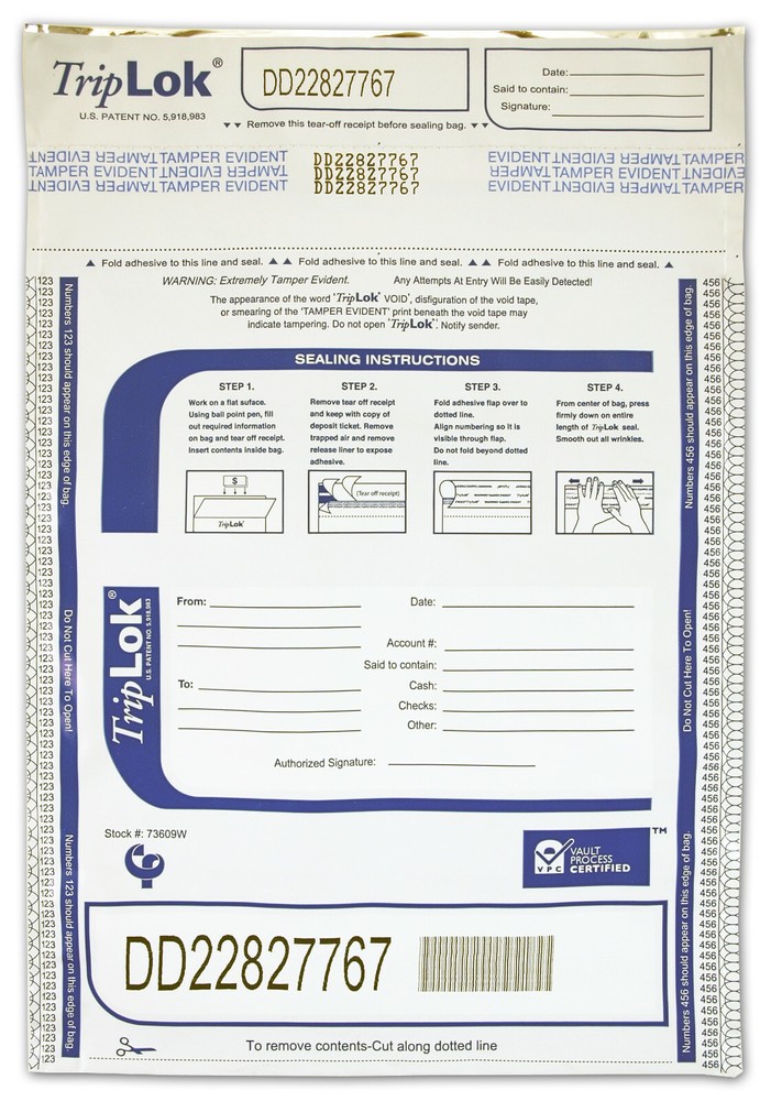 9 x 12 TripLok, white, 100 Deposit Bags