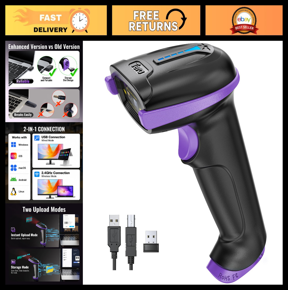 1D Wireless Barcode Scanner with Battery Indicator, USB & 2.4G Reader, IP54, 220