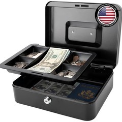 Black Cash Box with Key Lock and Removable Tray – Perfect for Home or Office