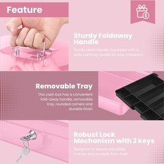 Cash Box with Money Tray, 2 Keys, Security Lock Box w/ Removable 9 Compartment