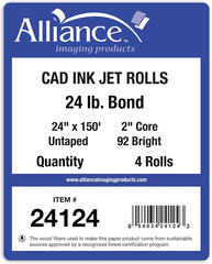 Alliance Wide Format Paper 24&Prime; X 150&prime; CAD Bond Rolls (24Lb | 4 Rolls, 24 in X 15