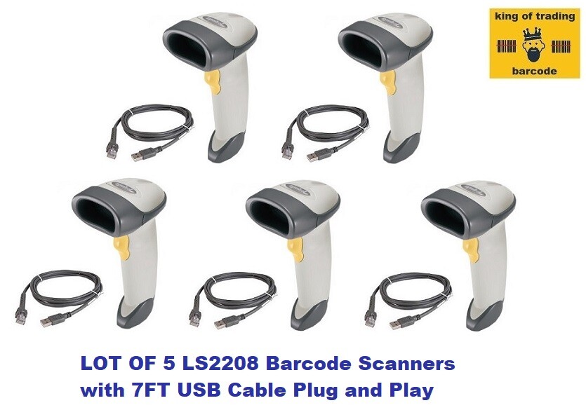 Zebra Symbol LS2208 Barcode Scanners w/ USB Cables, Laser, Lot of 5!