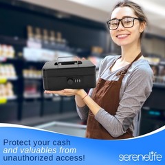 8&Prime; Metal Cash Box with Lock | Cash Safe Lock Box with Money Tray | 5 Lockable Dr