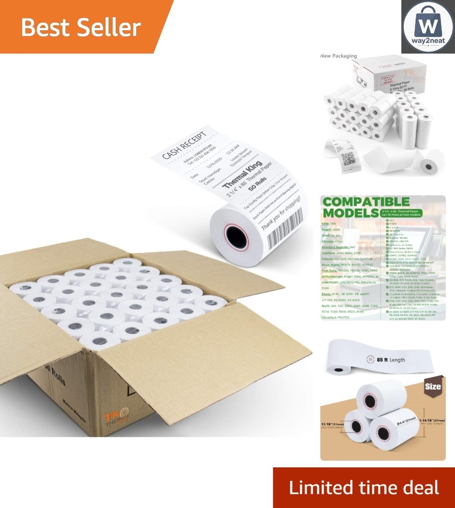 High-Quality 2 1/4&Prime; x 85&prime; Thermal Receipt Paper – 50 Rolls for POS Machines