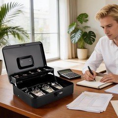 Secure Large Metal Cash Box with Combination Lock and Money Tray – Black