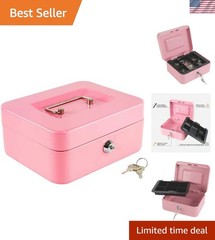 Durable Steel Cash Box with Removable Coin Tray – Medium, Pink with Key Lock