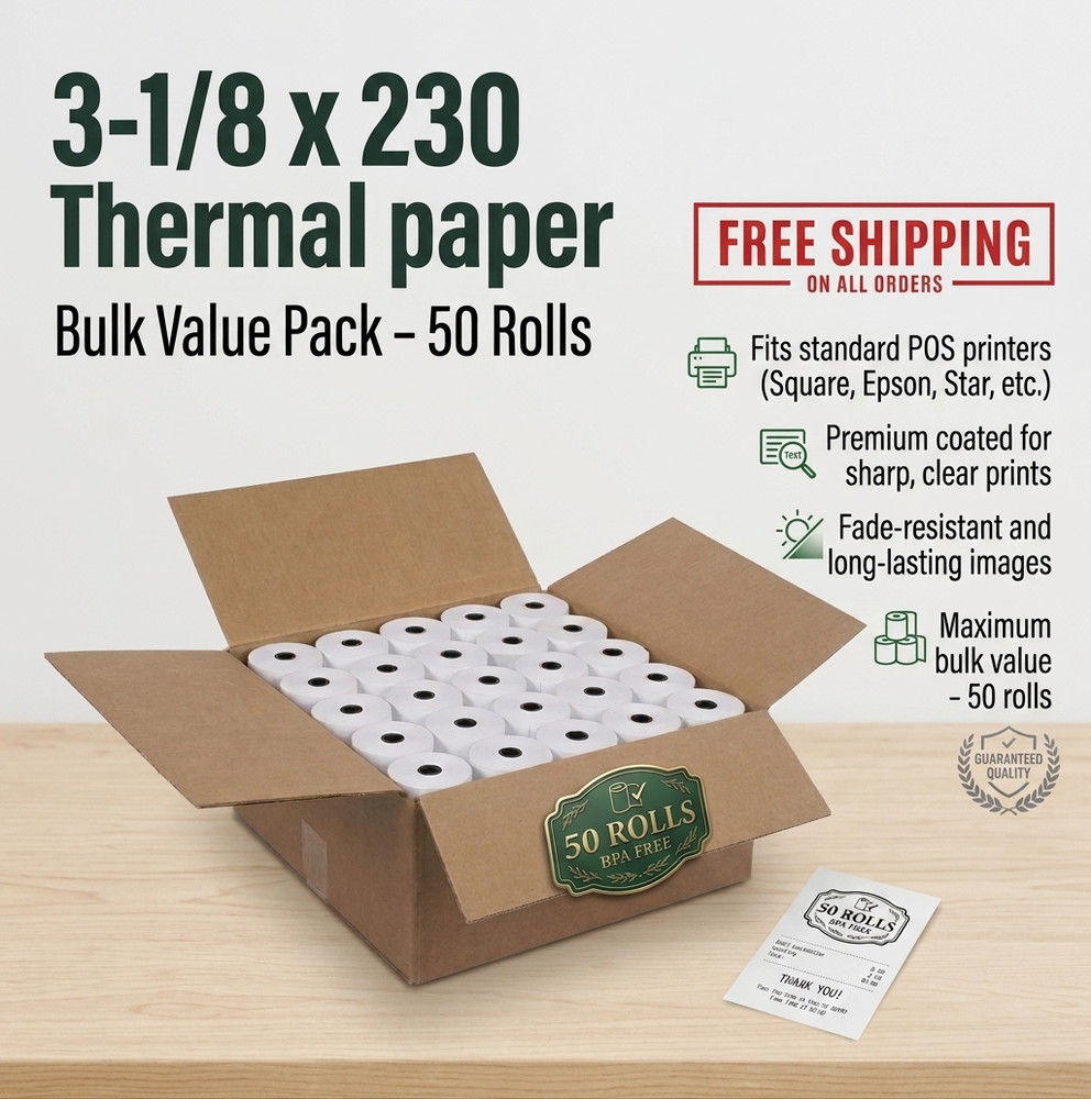 50 Rolls 3-1/8&Prime; x 230&prime; Thermal Receipt Paper POS Cash Register BPA Free USA