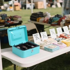 Portable Light Blue Cash Box with Key Lock for Cash and Medication Storage