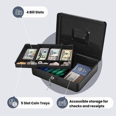 « Professional 9-Compartment Cash Box – Locking Black Money Organizer with Handle