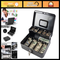 Locking Cash Organizer Box with Key, XL Safe for Money & Valuables, Black 11.8&Prime;x