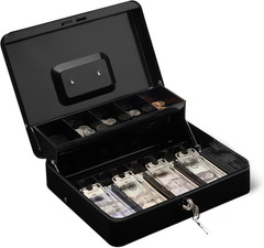 Cash Box with Lock Key, Money Organizer Tray, 11.81&Prime; X 9.45&Prime; X 3.54&Prime;, Black