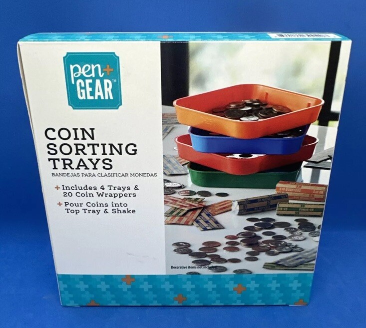 COIN SORTING TRAYS 4 TRAYS AND 40 COIN WRAPPERS INCLUDED-POUR AND SHAKE. NIB