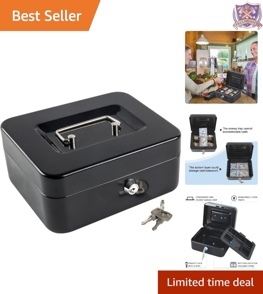 Medium Steel Cash Box with Key Lock and Money Tray for Business Storage