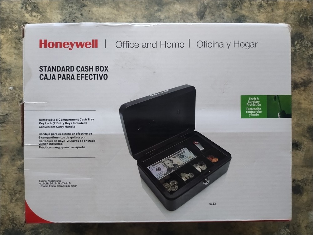 Honeywell 6112 Steel Cash Box 1 Bill & 5 Coin Slots 2 Keys Handle 9 7/8 X 7 1/8