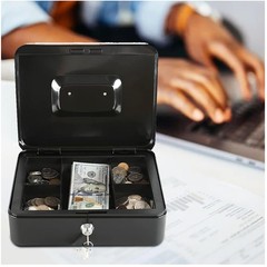 Secure Medium Cash Box, Key Lock, Removable Coin Tray, Black