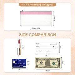 8.7×3.9 Inch Money Bags with Zipper, 4 Pcs Clear PVC Cash Pouch, Pink