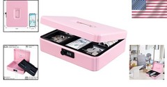 Water-Resistant Large Cash Box with Combination Lock & Organizing Tray, Pink