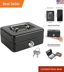Compact Locking Steel Mini Cash Box, Key Lock with Removable Tray, Black
