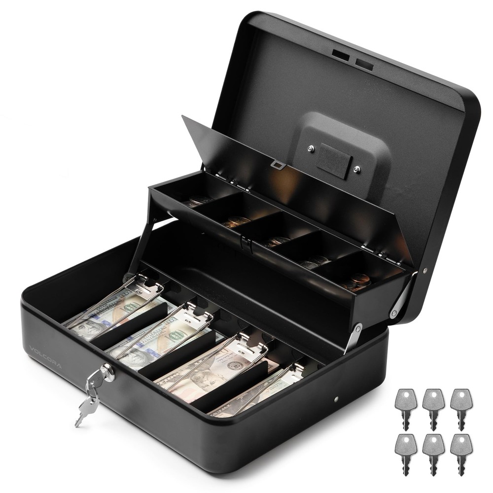 Volcora Large Cash Box with Key Lock, Metal 4 Bill 5 Coin Lid, Black
