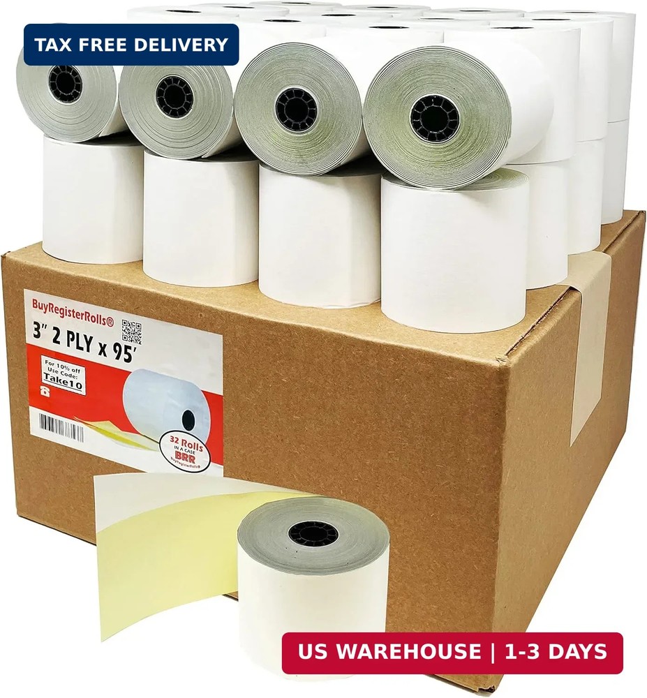 (32 Rolls) 2 Ply Carbonless Rolls 3&Prime; X 95 Feet White/Yellow Receipt Paper POS Ca