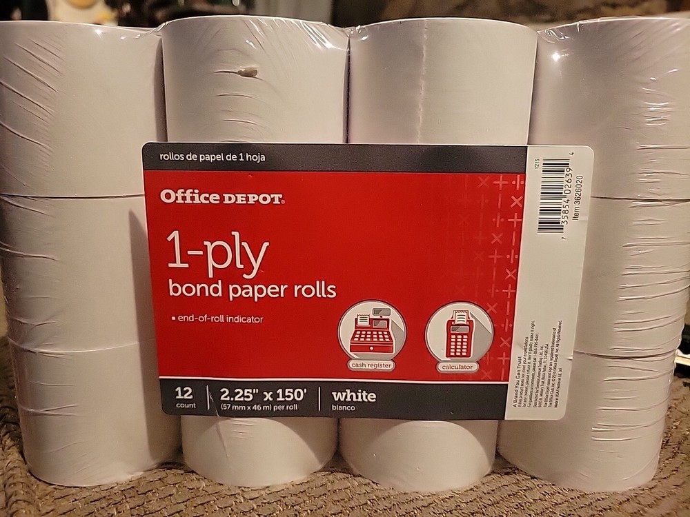 New 12 rolls Office Depot 1-Ply Bond Paper Rolls White 2.25&Prime; x 150&prime; Receipt