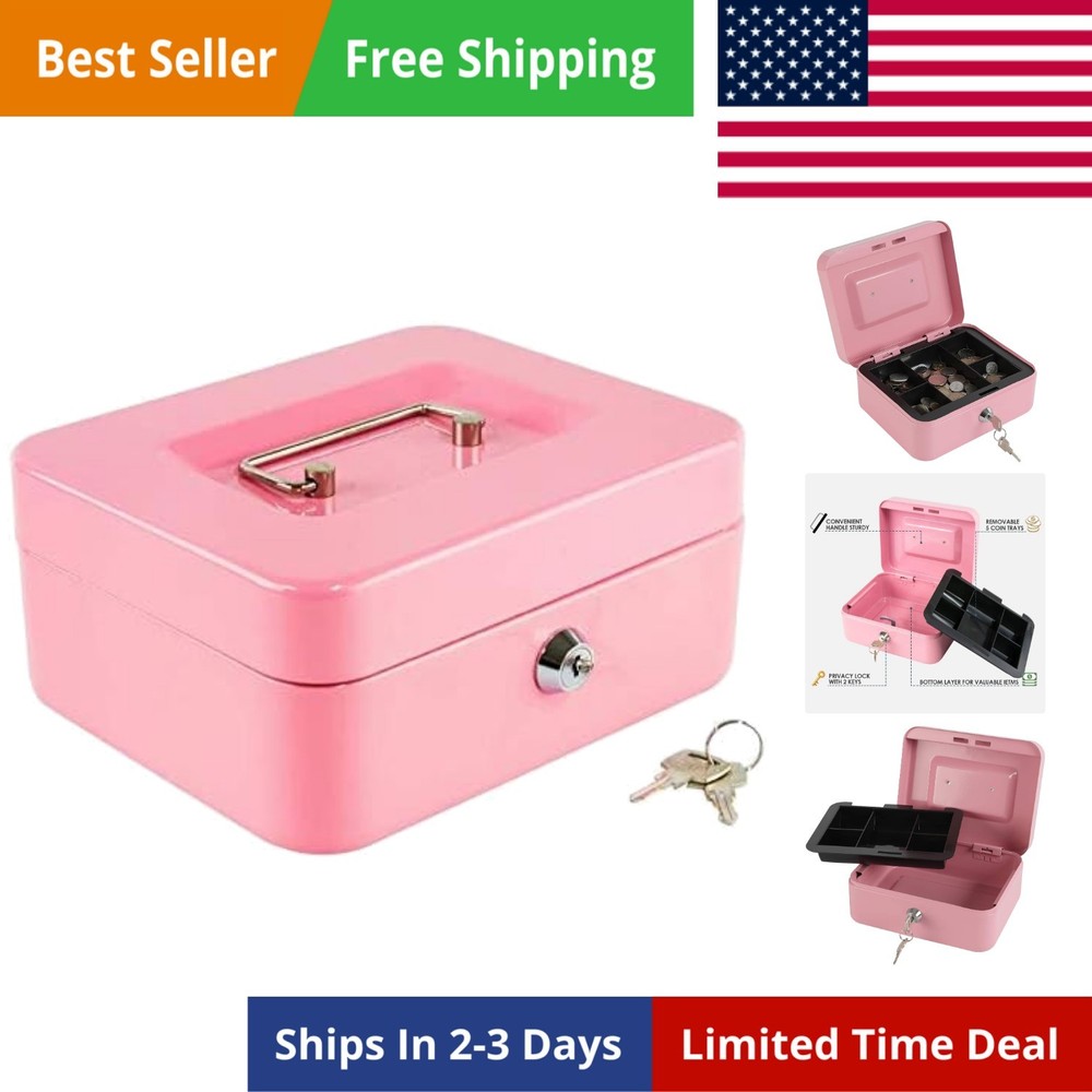 Locking Steel Medium Cash Box with Removable Coin Tray and Key Lock,7.87&Prime;x 6….