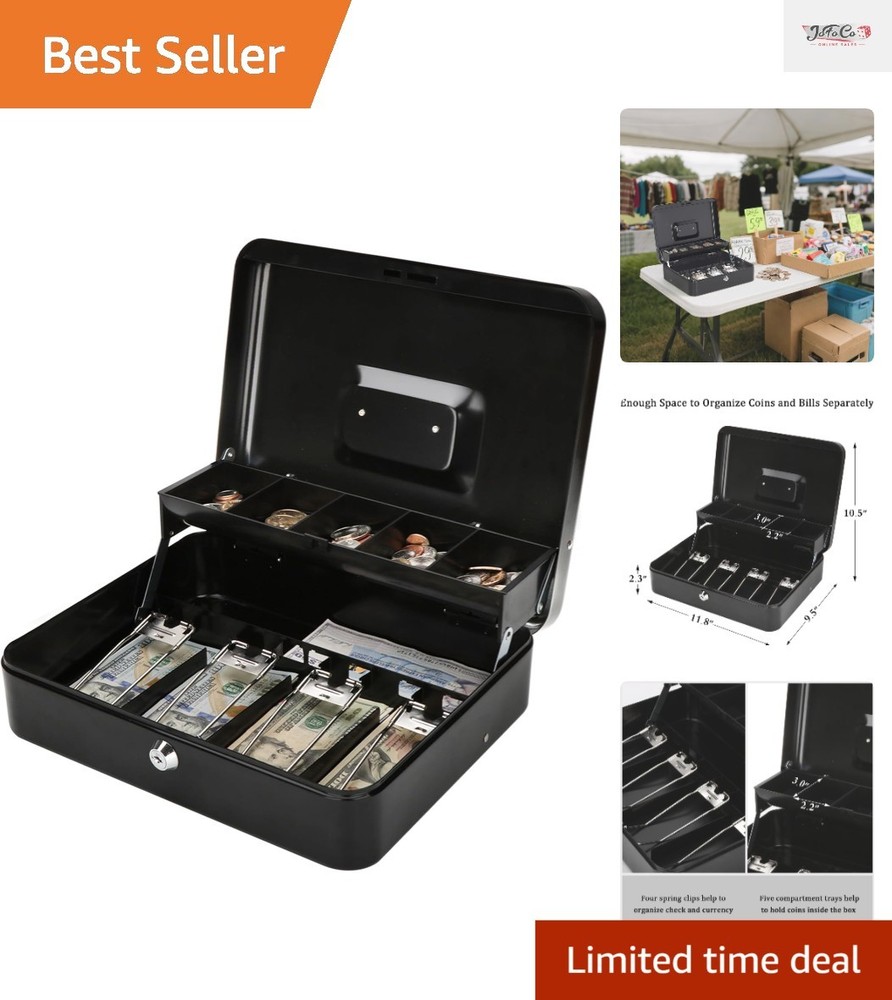 Large Cash Box Organizer – Key Lock, 5 Compartments, Durable & Water Resistant
